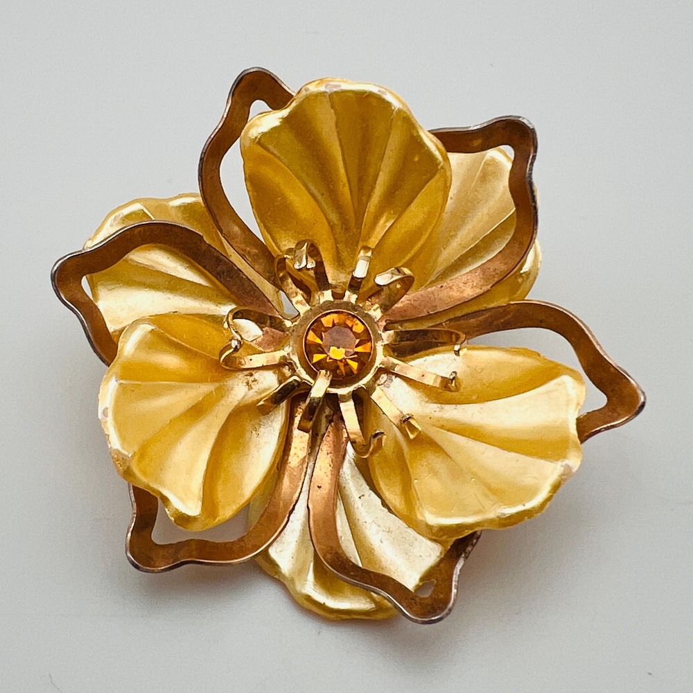 Vintage Yellow Flower Brooch Gold Tone Amber Rhinestone Moonglow Petal Pin